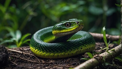 Obraz premium Happy green snake in the spring in the summer in the forest. Happy Chinese New Year 2025, Zodiac sign, Year of the Snake