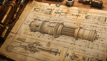 detailed blueprint of a steampunk airship. Blueprint, odd, steampunk themed,generative ai
