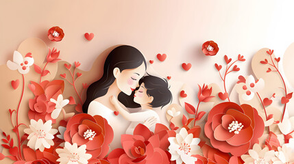 Obraz na płótnie Canvas Paper cut style illustration for Mother's Day between mother and child in moment of tender embrace with floral layer paper cut background