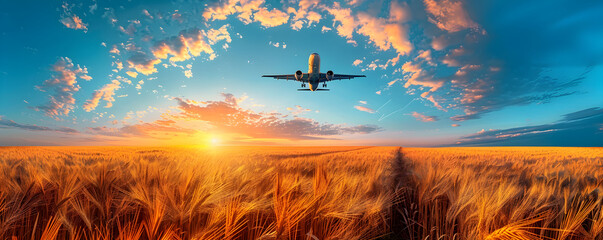 Panoramic landscape with fields and plane flying in clouds. Spring and summer meadow on sunset with...