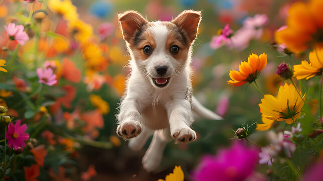 cachorro de perro alegre y feliz saltando entre las flores en un campo floreado corriendo hacia la c&aacute;mara juguet&oacute;n y contento