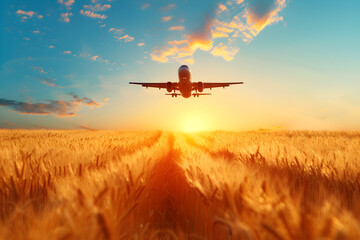 Panoramic landscape with fields and plane flying in clouds. Spring and summer meadow on sunset with airplane on sky. Travel concept - obrazy, fototapety, plakaty