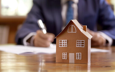 Cardboard house on table as man completes paperwork - mortgage documents signing, finding a home, property purchase, real estate loan agreement.