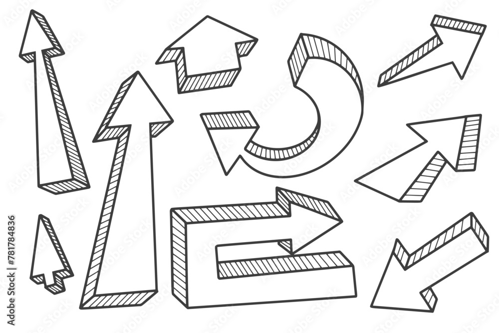 Poster hand drawn vector doodle arrows set. pencil line sketch on white background. curve design elements. 