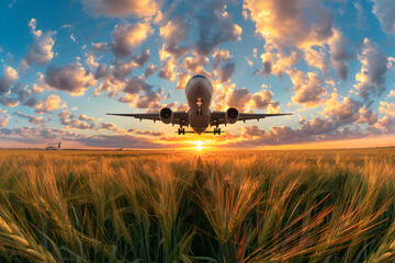 Panoramic landscape with fields and plane flying in clouds. Spring and summer meadow on sunset with...