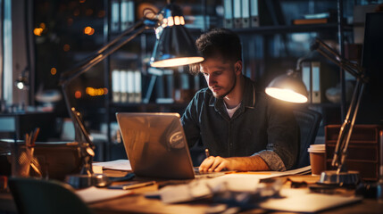 A determined individual jotting down notes in a notebook at his desk, illuminated by a desk lamp in a cozy, creative workspace - obrazy, fototapety, plakaty