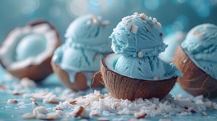 a summer ice cream in vibrant coconut blue against a solid background, portrayed in stunning 8k full ultra HD, its exotic flavor evoking visions of island bliss with cinematic precision.