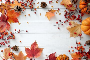 Thanksgiving background decoration, dry leaves, berries and pumpkins on white wooden background