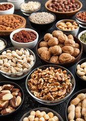 Raw walnuts and cashew with almonds and peanuts with organic nuts and seed in various assorted bowls.Macro