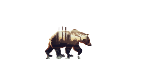 bear and industrial plant, silhouette photography, retro style, white background,