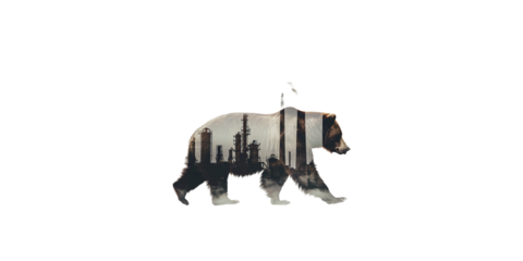 bear and industrial plant, silhouette photography, retro style, white background,