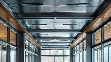 The metal sheets on the ceiling create a unique and eyecatching feature drawing attention to the rooms ecofriendly design. The reflective surface of the sheets reflects the natural .