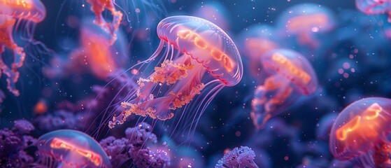Design an otherworldly scene where jellyfish with glowing tentacles drift through an underwater galaxy teeming with exotic sea creatures ,close-up,ultra HD,digital photography - obrazy, fototapety, plakaty