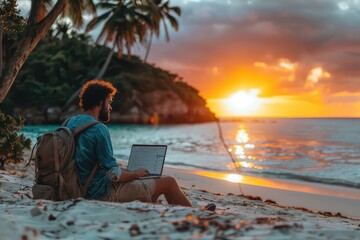 Male freelancer with laptop on the beach during sunset. Place of work of a hermit freelancer. The hermit freelancer's secret to success: work, laptop, and the mesmerizing sunset.
