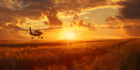 Crop duster plane flying over wheat field, farm airplane in cloudy sky on sunset. Agricultural...