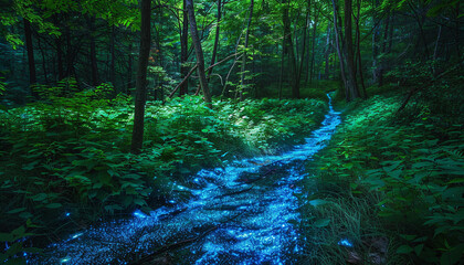 A deep forest with bioluminescent plants and pathways
