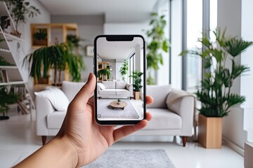 Visualization of the interior with a smartphone. The smartphone in your hand takes a photo of the room