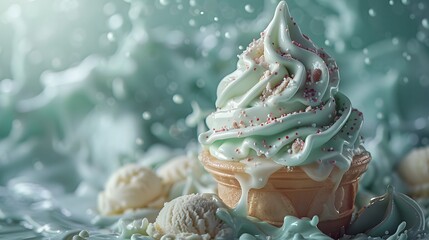 cool refreshment of a summer ice cream in refreshing mint green against a solid background, showcased in stunning 8k full ultra HD, its icy allure depicted with cinematic precision.