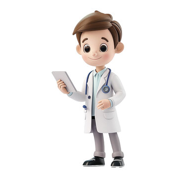 Cute cartoon doctor character in medical gown with stethoscope holding tablet on transparent background. AI Generative