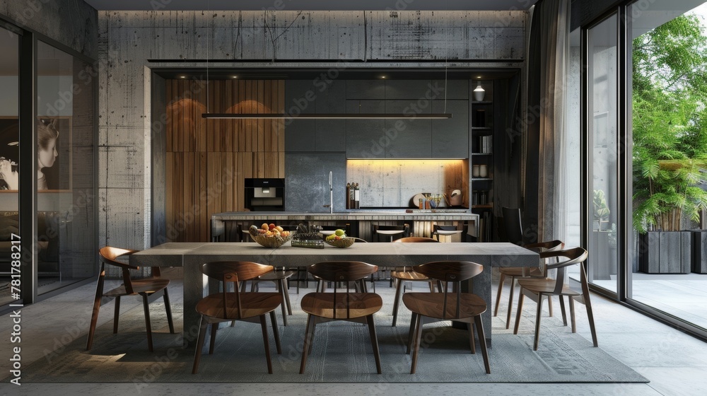 Poster the dining room is a blend of modern and rustic elements with a concrete dining table surrounded by 