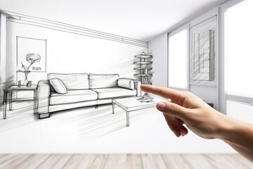 The hand is drawing a living room design project . Living room interior design sketch