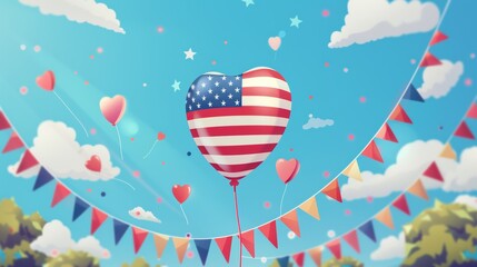 American-themed balloons in the sky, festive, patriotic, celebration