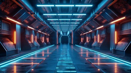 Futuristic corridor, sci-fi, blue neon lights, modern, technology.