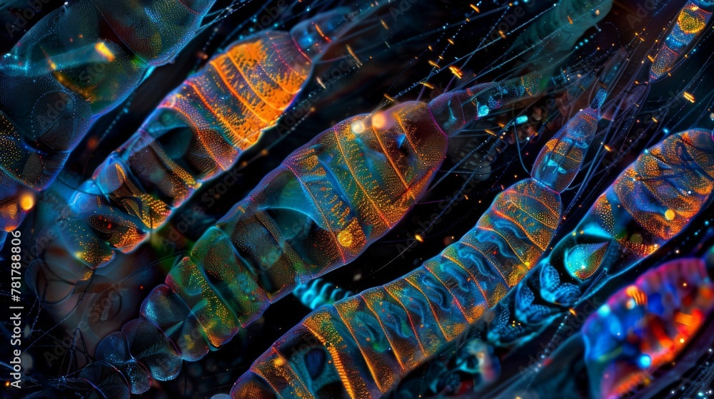 Poster a colorful abstract image of insect larvae as seen under a microscope showcasing their intricate and
