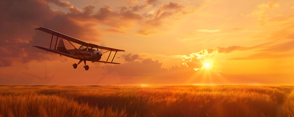 Crop duster plane flying over wheat field, farm airplane in cloudy sky on sunset. Agricultural cropduster machine, old airplane. Agriculture and farming concept