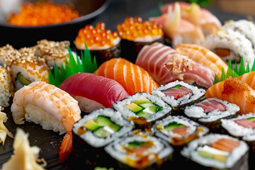 assortiment de maki et sushi en plan rapproché, poisson, saumon, thon, crevette avocat, œuf de poisson, graines de sésame, sur riz gluant et feuille d'algue roulé. Cuisine et gastronomie japonaise