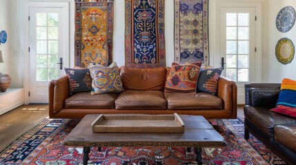 The living room features a beautiful blend of traditional Eastern and modern Western design elements with a large handwoven Persian rug anchoring the space and a sleek leather sofa .