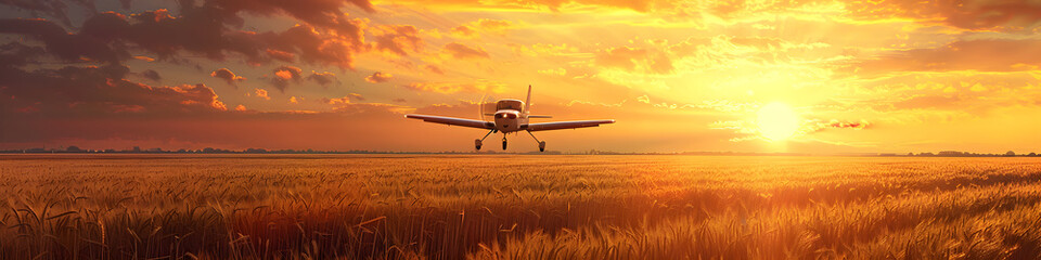 Crop duster plane flying over wheat field, farm airplane in cloudy sky on sunset. Agricultural...