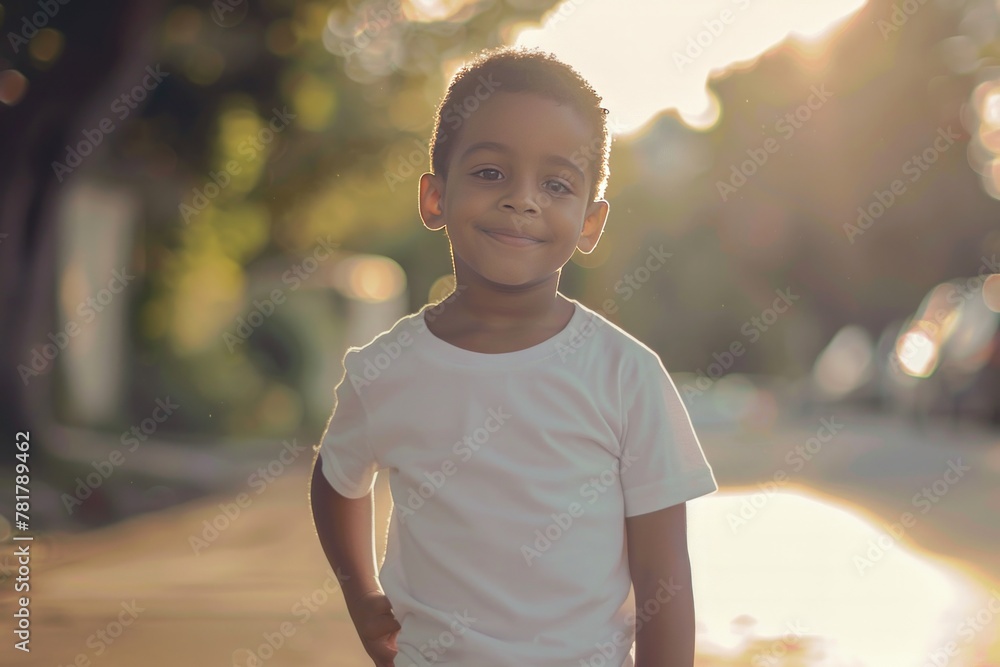 Wall mural young boy standing on the street. 5 years old boy in white t-shirt outside. kid's mock up.