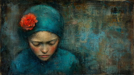 A girl with a blue hat and a red flower on her head. She is looking down