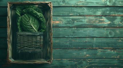 A basket of greens sits on a wooden table. The basket is filled with a variety of greens, including a leafy green plant. The table is made of wood and has a green color
