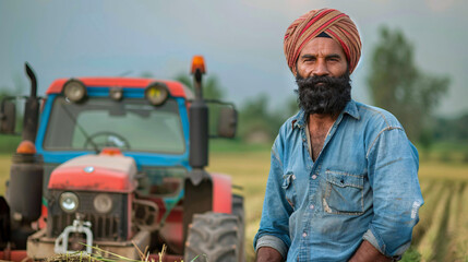 A punjabi farmer in a paddy field with tractor.