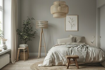 3d rendering of a grey Scandinavian bedroom with wooden stool, floor lamp, rattan ceiling lamp and many books