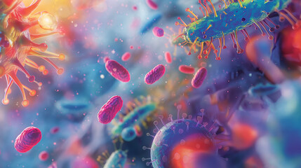 A vibrant and detailed depiction of viruses and cells in vivid colors, representing the microscopic world of pathogens