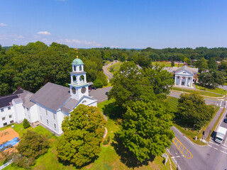 Sudbury historic town center aerial view in summer including First Parish of Sudbury Church, Town...