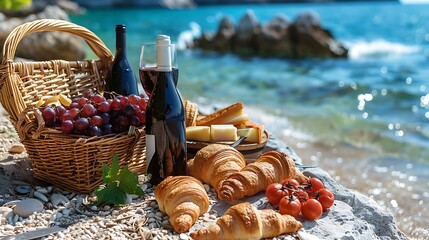 Beautiful romantic picnic composition with basket, croissants, red wine, bread, jam, cheese and jamon on the beach close to the sea
