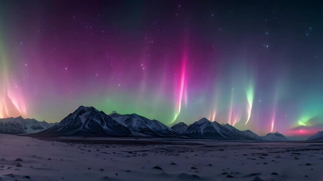 night sky with aurora borealis landscape. 4k video animation