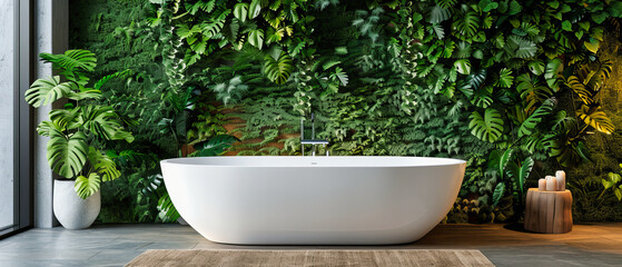 Fototapeta na wymiar Green Plants Enhancing Modern Bathroom Interior, Luxury Home Design with Nature Inspired Decor, Elegant Bathtub Setting