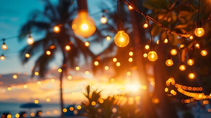 blurred light bokeh with coconut palm tree background on sunset, yellow string lights with bokeh decor in outdoor restaurant