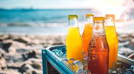 Bottles of juice chilled on ice in a camping fridge on a beach on a hot day with sunshine