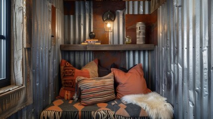 A cozy reading nook is nestled in the corner surrounded by walls covered in recycled metal sheets. The warmth of the room is enhanced by the contrast of the soft materials of the furniture .