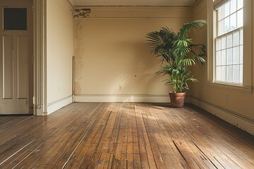 a barren room with a plant and a hardwood floor
