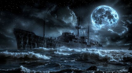 A dark and stormy night. A ship is being tossed around in the waves. The moon is full and bright. - obrazy, fototapety, plakaty