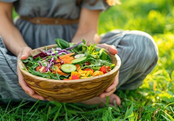 Person holding a wooden bowl with a colorful mix of fresh vegetables sitting in the grass outdoors.