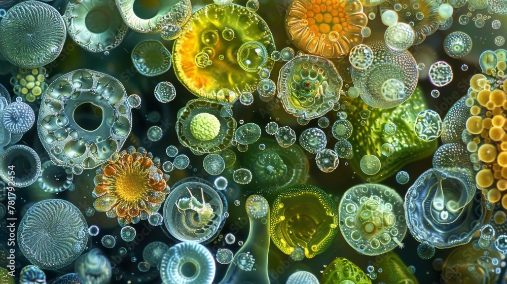 Poster a zoomedout image of a diverse collection of algae cells highlighting their diversity in shape size 