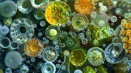 A zoomedout image of a diverse collection of algae cells highlighting their diversity in shape size and structures.
